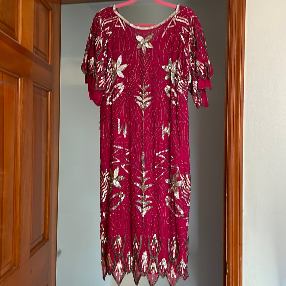 Vintage unlabeled fuchsia & silver sequin dress.